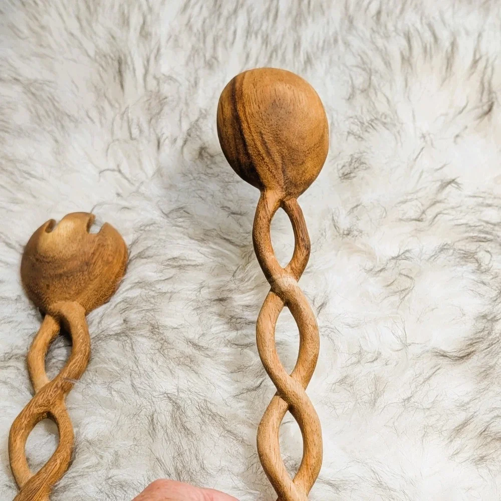 Unique Interconnected Handcrafted Wooden Salad Serving Set: Fork & Spoon